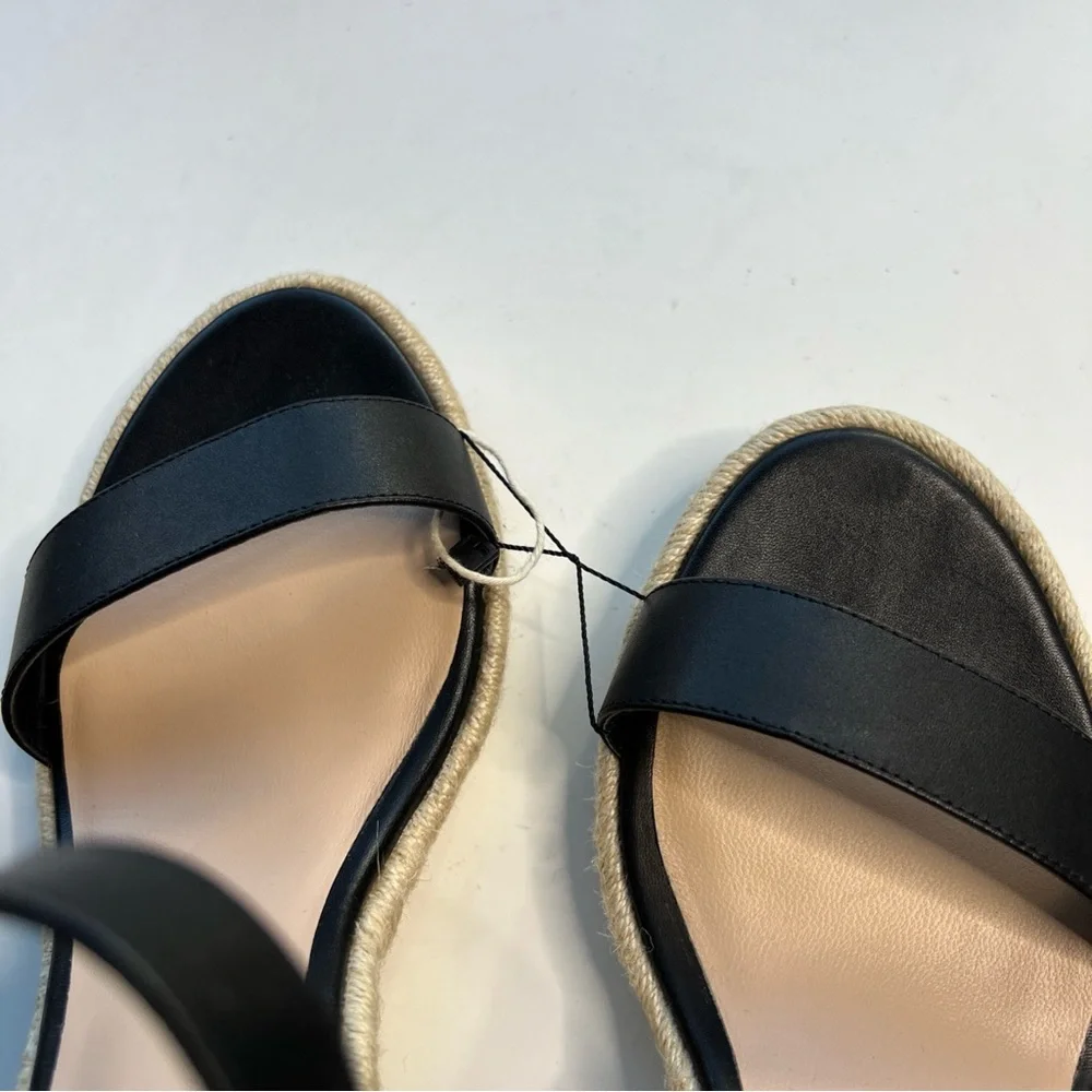 Stuart Weitzman Teddi Wedge Heel Leather Espadrille Sandals Womens 9.5 Black New